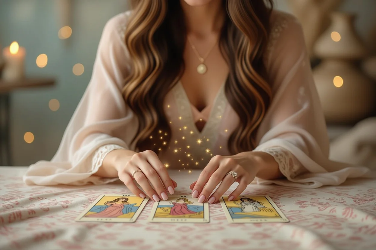 美しい女性がタロットカードで恋愛占いを行っている様子、神秘的で上品な雰囲気